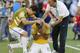 Brazil's Neymar reacts after the penalty shootout at the World Cup round of 16 soccer match between Brazil and Chile at Mineirao Stadium in Belo Horizonte, Brazil, Saturday, June 28, 2014. Brazil won 3-2 on penalties after Neymar scored the winner in the shootout. (AP Photo/Frank Augstein)