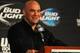 Feb 22, 2014; Las Vegas, NV, USA; Dana White answers a question during a post-fight press conference following UFC 170 at Mandalay Bay. Mandatory Credit: Stephen R. Sylvanie-USA TODAY Sports