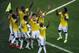 Colombia's James Rodriguez, center, celebrates with his teammates after scoring their side's second goal during the World Cup round of 16 soccer match between Colombia and Uruguay at the Maracana Stadium in Rio de Janeiro, Brazil, Saturday, June 28, 2014. (AP Photo/Fabrizio Bensch, Pool)