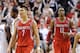 Houston Rockets' Jeremy Lin (7) and Dwight Howard (12) react to a foul call against the Portland Trail Blazers during the final minutes of game six of an NBA basketball first-round playoff series game in Portland, Ore., Friday May 2, 2014. The Trail Blazers won the series in a 99-98 win. (AP Photo/Greg Wahl-Stephens)