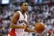 Apr 30, 2014; Toronto, Ontario, CAN; Toronto Raptors guard Kyle Lowry (7) prepares to shoot a free throw against the Brooklyn Nets in game five of the first round of the 2014 NBA Playoffs at the Air Canada Centre. Toronto defeated Brooklyn 115-113. Mandatory Credit: John E. Sokolowski-USA TODAY Sports