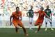 Netherlands' Klaas-Jan Huntelaar celebrates after scoring his side's second goal during the World Cup round of 16 soccer match between the Netherlands and Mexico at the Arena Castelao in Fortaleza, Brazil, Sunday, June 29, 2014. The Netherlands won the match 2-1. (AP Photo/Natacha Pisarenko)