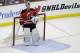 New Jersey Devils goalie Martin Brodeur stands in goal late in the third period of an NHL hockey game against the Boston Bruins in Newark, N.J., Sunday, April 13, 2014. The Devils won 3-2. (AP Photo/Mel Evans)