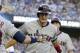 Cleveland Indians' Lonnie Chisenhall, right, celebrates his two run home run with Nick Swisher during the first inning of a baseball game in Los Angeles, Tuesday, July 1, 2014. (AP Photo/Chris Carlson)