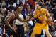 Jan 23, 2014; Miami, FL, USA; Los Angeles Lakers center Pau Gasol (16) is pressured by Miami Heat center Chris Bosh (1) during the second half at American Airlines Arena. Mandatory Credit: Steve Mitchell-USA TODAY Sports