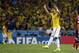 Brazil's Thiago Silva celebrates after David Luiz, second left, scored his side's second goal during the World Cup quarterfinal soccer match between Brazil and Colombia at the Arena Castelao in Fortaleza, Brazil, Friday, July 4, 2014. (AP Photo/Felipe Dana)
