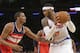 Washington Wizards' Trevor Ariza (1) defends New York Knicks' Carmelo Anthony (7) during the first half of an NBA basketball game Friday, April 4, 2014, in New York. (AP Photo/Frank Franklin II)