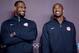 July 27, 2012; London, United Kingdom; USA forward LeBron James (left) and guard Kobe Bryant (right) stand on a stage during a press conference in preparation for the 2012 London Olympic Games at the Main Press Center. Mandatory Credit: Alain Mounic/Presse Sports via USA TODAY Sports