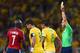 FORTALEZA, BRAZIL - JULY 04: Referee Carlos Velasco Carballo shows Thiago Silva of Brazil a yellow card during the 2014 FIFA World Cup Brazil Quarter Final match between Brazil and Colombia at Castelao on July 4, 2014 in Fortaleza, Brazil. (Photo by Buda Mendes/Getty Images)
