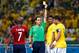 FORTALEZA, BRAZIL - JULY 04: Thiago Silva of Brazil is shown a yellow card by referee Carlos Velasco Carballo during the 2014 FIFA World Cup Brazil Quarter Final match between Brazil and Colombia at Castelao on July 4, 2014 in Fortaleza, Brazil. (Photo by Gabriel Rossi/Getty Images)
