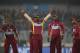 West Indies' captain Darren Sammy, center, celebrates with teammates the dismissal of Sri Lanka's Mahela Jayawardena during their ICC Twenty20 Cricket World Cup semi-final match in Dhaka, Bangladesh, Thursday, April 3, 2014. (AP Photo/Aijaz Rahi)