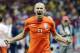Netherlands' Arjen Robben celebrates after the Netherlands defeated Costa Rica 4-3 in a penalty shootout after a 0-0 tie during the World Cup quarterfinal soccer match at the Arena Fonte Nova in Salvador, Brazil, Saturday, July 5, 2014.(AP Photo/Wong Maye-E)