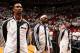 MIAMI, FL - MAY 14: Chris Bosh #1, LeBron James #6, and Dwyane Wade #3 of the Miami Heat stand during the National Anthem before Game Five of the Eastern Conference Semifinals against the Brooklyn Nets during the 2014 NBA playoffs at American Airlines Arena in Miami, Florida on May 14, 2014. NOTE TO USER: User expressly acknowledges and agrees that, by downloading and or using this photograph, User is consenting to the terms and conditions of the Getty Images License Agreement. Mandatory Copyright Notice: Copyright 2014 NBAE (Photo by Issac Baldizon/NBAE via Getty Images)