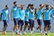 FC Barcelona's players react, during a training session, in San Joan Despi, Spain, Friday, May 16, 2014. Barcelona faces Spanish leader Atletico Madrid in a winner-takes-all league finale on Saturday, when the defending champion could yet lift its fifth title in six seasons. (AP Photo/Manu Fernandez)