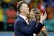 Netherlands' head coach Louis van Gaal celebrates after the World Cup quarterfinal soccer match between the Netherlands and Costa Rica at the Arena Fonte Nova in Salvador, Brazil, Saturday, July 5, 2014. The Netherlands won 4-3 on penalty kicks. (AP Photo/Hassan Ammar)