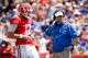 Apr 12, 2014; Gainesville, FL, USA; Florida Gators head coach Will Muschamp looks on with quarterback Skyler Mornhinweg (17) during the first half of the spring game at Ben Hill Griffin Stadium. Mandatory Credit: Rob Foldy-USA TODAY Sports