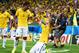 FORTALEZA, BRAZIL - JULY 04: David Luiz of Brazil (R) celebrates scoring his team's second goal on a free kick with Paulinho during the 2014 FIFA World Cup Brazil Quarter Final match between Brazil and Colombia at Castelao on July 4, 2014 in Fortaleza, Brazil. (Photo by Laurence Griffiths/Getty Images)