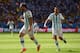 BRASILIA, BRAZIL - JULY 05: Gonzalo Higuain of Argentina (L) celebrates scoring his team's first goal with Angel di Maria during the 2014 FIFA World Cup Brazil Quarter Final match between Argentina and Belgium at Estadio Nacional on July 5, 2014 in Brasilia, Brazil. (Photo by Matthias Hangst/Getty Images)