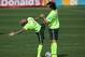 Brazil's Daniel Alves, left, stretches with David Luiz during a practice session at the Granja Comary training center, in Teresopolis, Brazil, Monday, July 7, 2014. Brazil will face Germany on Tuesday in a World Cup semifinal match without Neymar. (AP Photo/Leo Correa)