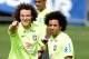 TERESOPOLIS, BRAZIL - JULY 07: David Luiz gestures with Marcelo (R) during a training session of the Brazilian national football team at the squad's Granja Comary training complex, on July 07, 2014 in Teresopolis, 90 km from downtown Rio de Janeiro, Brazil. (Photo by Buda Mendes/Getty Images)