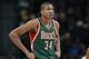 Milwaukee Bucks forward Giannis Antetokounmpo, of Greece, looks on against the Denver Nuggets in the third quarter of the Nuggets' 110-100 victory in an NBA basketball game in Denver on Wednesday, Feb. 5, 2014. (AP Photo/David Zalubowski)
