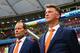 SALVADOR, BRAZIL - JULY 05: Head Coach, Louis van Gaal (R) and his assistant, Danny Blind stand for the national anthem prior to the 2014 FIFA World Cup Brazil Quarter Final match between the Netherlands and Costa Rica at Arena Fonte Nova on July 5, 2014 in Salvador, Brazil. (Photo by Dean Mouhtaropoulos/Getty Images)