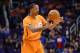 Feb 28, 2014; Phoenix, AZ, USA; Phoenix Suns power forward Channing Frye (8) makes a pass against the New Orleans Pelicans in the second half at US Airways Center. The Phoenix Suns won the game 116-104. Mandatory Credit: Joe Camporeale-USA TODAY Sports