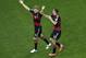 Germany's Toni Kroos, left, celebrates scoring his side's 3rd goal with teammate Miroslav Klose, during the World Cup semifinal soccer match between Brazil and Germany at the Mineirao Stadium in Belo Horizonte, Brazil, Tuesday, July 8, 2014. (AP Photo/Felipe Dana, Pool)