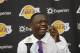 Former Kentucky forward Julius Randle smiles as he is introduced as the newest Los Angeles Laker by General Manager Mitch Kupchak, not seen, Monday, June 30, 2014 in El Segundo, Calif. Former Kentucky forward Julius Randle was selected seventh overall by the Lakers during the 2014 NBA draft. (AP Photo/Damian Dovarganes)