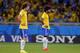 Brazil's David Luiz, left, and Dante react after Germany scored their sixth goal during the World Cup semifinal soccer match between Brazil and Germany at the Mineirao Stadium in Belo Horizonte, Brazil, Tuesday, July 8, 2014. (AP Photo/Frank Augstein)