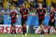 Germany's Philipp Lahm, Sami Khedira, Thomas Mueller and Miroslav Klose, from left, smile after their team scored during the World Cup semifinal soccer match between Brazil and Germany at the Mineirao Stadium in Belo Horizonte, Brazil, Tuesday, July 8, 2014. (AP Photo/Frank Augstein)