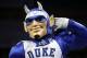 FILE - In this March 20, 2011, file photo, Duke's Blue Devil mascot performs during the first half of a West Regional NCAA tournament third round college basketball game against in Charlotte, N.C. (AP Photo/Chuck Burton, File)