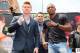 LOS ANGELES, CA - MAY 06: Boxers Canelo Alvarez (L) and Erislandy Lara (R) and Oscar De La Hoya (C), president of Golden Boy Promotions, pose onstage during the press tour for Canelo Alvarez v Erislandy Lara on May 6, 2014 in Los Angeles, California. (Photo by Victor Decolongon/Getty Images)