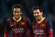 MANCHESTER, ENGLAND - FEBRUARY 18: Neymar (L) and Lionel Messi of Barcelona walk off in good spirits following their team's victory at the end of the UEFA Champions League Round of 16 first leg match between Manchester City and Barcelona at the Etihad Stadium on February 18, 2014 in Manchester, England. (Photo by Clive Brunskill/Getty Images)