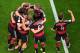 Germany players celebrate after Thomas Mueller scored his side's first goal during the World Cup semifinal soccer match between Brazil and Germany at the Mineirao Stadium in Belo Horizonte, Brazil, Tuesday, July 8, 2014. (AP Photo/Francois Xavier Marit, Pool)