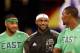 Feb 16, 2014; New Orleans, LA, USA; Eastern Conference forward Carmelo Anthony (7) of the New York Knicks, forward LeBron James (6) of the Miami Heat and forward Chris Bosh (1) of the Miami Heat talk before the 2014 NBA All-Star Game at the Smoothie King Center. Mandatory Credit: Derick E. Hingle-USA TODAY Sports