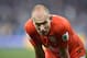 Netherlands' Arjen Robben pauses before the start of extra time during the World Cup semifinal soccer match between the Netherlands and Argentina at the Itaquerao Stadium in Sao Paulo Brazil, Wednesday, July 9, 2014. (AP Photo/Martin Meissner)