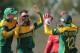 South African bowler Jean-Paul Duminy, center, celebrates the dismissal of Sri Lankan batsman Lahiru Thirimanne with teammates during the third one-day international cricket match between Sri Lanka and South Africa in Sooriyawewa, Sri Lanka, Saturday, July 12, 2014. (AP Photo/Eranga Jayawardena)