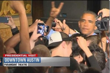 Barack Obama Throws Up the Hook 'Em Horns on His Trip to Austin