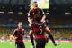 BELO HORIZONTE, BRAZIL - JULY 08: Toni Kroos of Germany celebrates scoring his team's fourth goal with teammates Miroslav Klose (L) and Sami Khedira during the 2014 FIFA World Cup Brazil Semi Final match between Brazil and Germany at Estadio Mineirao on July 8, 2014 in Belo Horizonte, Brazil. (Photo by Buda Mendes/Getty Images)