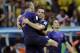 Netherlands' Ron Vlaar, left and Stefan de Vrij celebrate after Georginio Wijnaldum scored their side's third goal during the World Cup third-place soccer match between Brazil and the Netherlands at the Estadio Nacional in Brasilia, Brazil, Saturday, July 12, 2014. The Netherlands defeated Brazil 3-0. (AP Photo/Andre Penner)