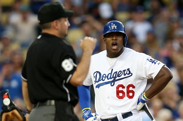Yasiel Puig Tossed for Arguing Balls and Strikes