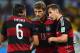 BELO HORIZONTE, BRAZIL - JULY 08: Miroslav Klose of Germany (R) celebrates scoring his team's second goal with teammates Sami Khedira (L) and Thomas Mueller during the 2014 FIFA World Cup Brazil Semi Final match between Brazil and Germany at Estadio Mineirao on July 8, 2014 in Belo Horizonte, Brazil. (Photo by Laurence Griffiths/Getty Images)
