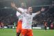 Montpellier's french forward Remy Cabella jubilates with Souleymane Camara after he scored the second goal against Rennes during his French League One soccer match in Rennes, western France, Monday, May 7, 2012. (AP Photo/David Vincent)