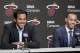 Miami Heat head coach Erik Spoelstra, left, and Shabazz Napier smile during a light moment during a news conference in Miami, Monday, June 30, 2014. The Heat acquired the draft rights to Connecticut guard Shabazz Napier in a trade with the Charlotte Hornets on Thursday night, giving up the 26th and 55th picks to make the deal happen, along with a future second-round choice and cash considerations. (AP Photo/Alan Diaz)