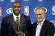 In this May 5, 2013 photo, Miami Heat NBA basketball player LeBron James, left, holds his NBA Most Valuable Player award as he poses with team president Pat Riley, in Miami. Before James makes his next decision, Riley will get a chance to convince him to stay in Miami. Two people familiar with the situation told The Associated Press late Sunday night, July 6, 2014, that James will meet with the Heat president this week before making a decision about where to play next season. (AP Photo/J Pat Carter)