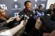 Texas A&M head football coach Kevin Sumlin talks to the media during Texas A&M's Pro Day, Wednesday, March 5, 2014, in College Station, Texas. (AP Photo/Patric Schneider)