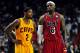 Feb 24, 2013; Miami, FL, USA; Cleveland Cavaliers point guard Kyrie Irving (2) and Miami Heat small forward LeBron James (6) during the second half at the American Airlines Arena. MIami won 109-105. Mandatory Credit: Steve Mitchell-USA TODAY Sports