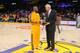 LOS ANGELES, CA - MARCH 22: Kobe Bryant #24 of the Los Angeles Lakers is presented with the Kia Western Conference player of the month award for February 2013 by general manager Mitch Kupchak before their team's game against the Washington Wizards at Staples Center on March 22, 2013 in Los Angeles, California. NOTE TO USER: User expressly acknowledges and agrees that, by downloading and/or using this Photograph, user is consenting to the terms and conditions of the Getty Images License Agreement. Mandatory Copyright Notice: Copyright 2013 NBAE (Photo by Noah Graham/NBAE via Getty Images)