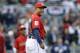 American League infielder Miguel Cabrera, of the Detroit Tigers, looks on during a rain delay in the MLB All-Star baseball Home Run Derby, Monday, July 14, 2014, in Minneapolis. (AP Photo/Jeff Roberson)